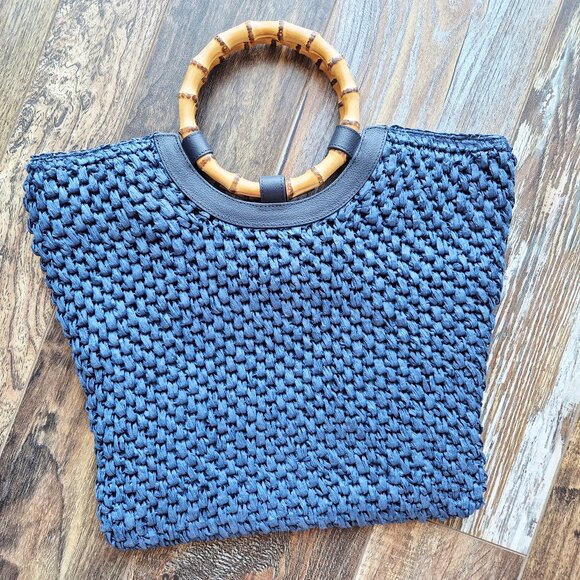 NWoT Talbots 100% Paper Straw Round Bamboo Handle Leather Trim Tote Bag Blue - Picture 2 of 13